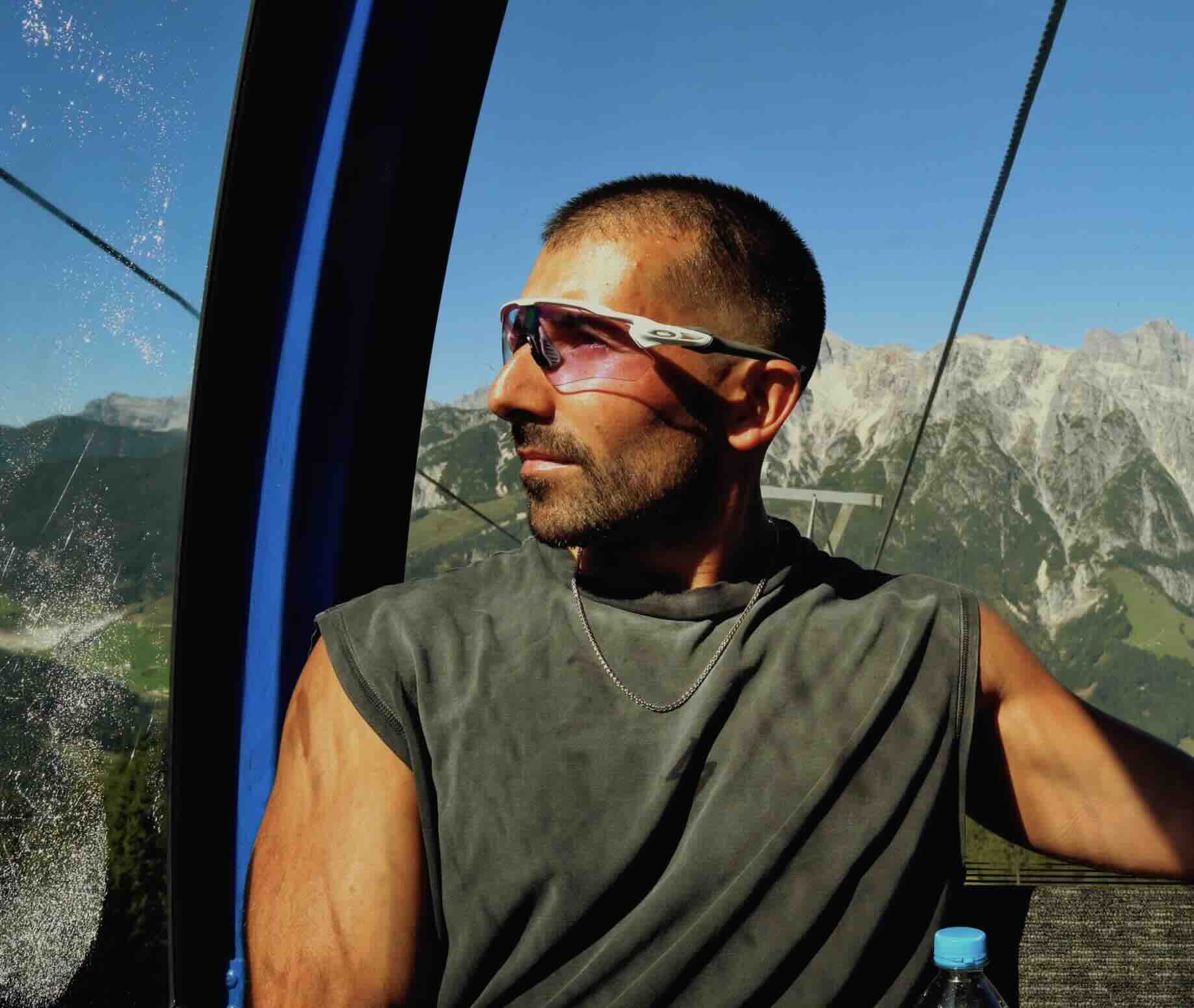 Tom in a cable car above the Achensee valley