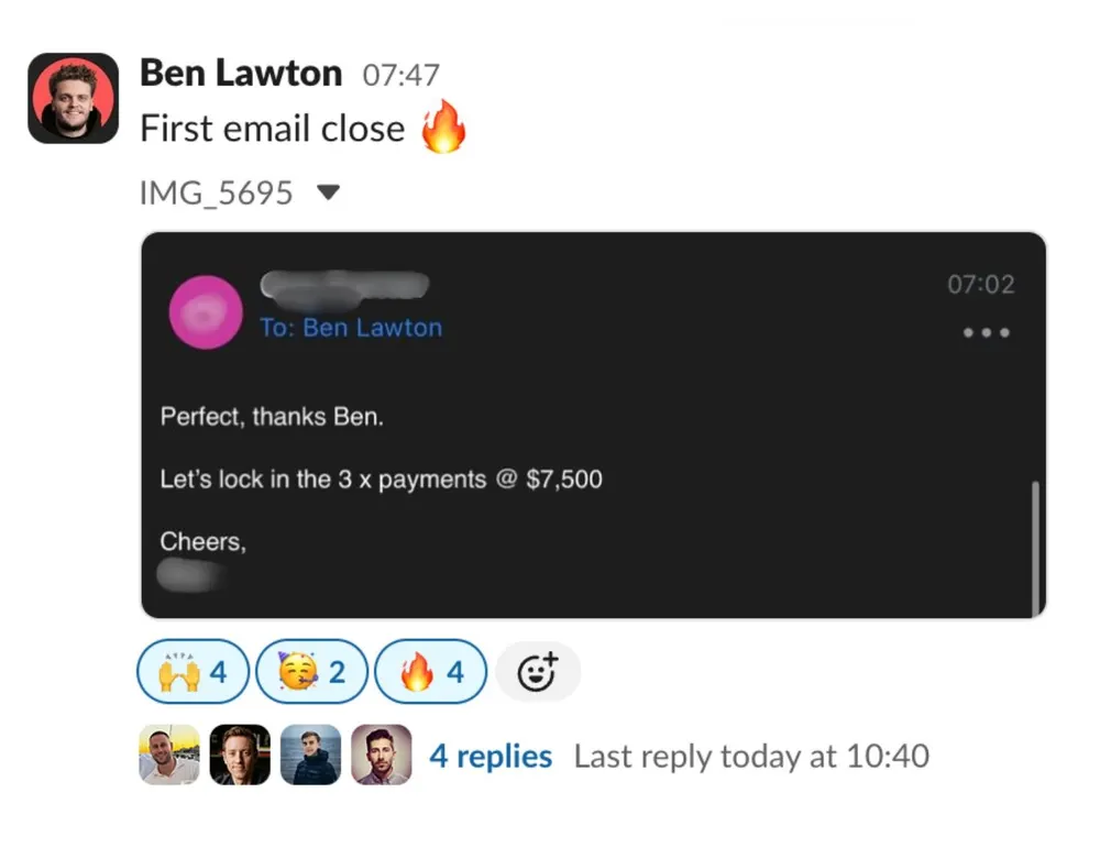 Ben Lawton: first email close, 3 payments of $7,500 locked in