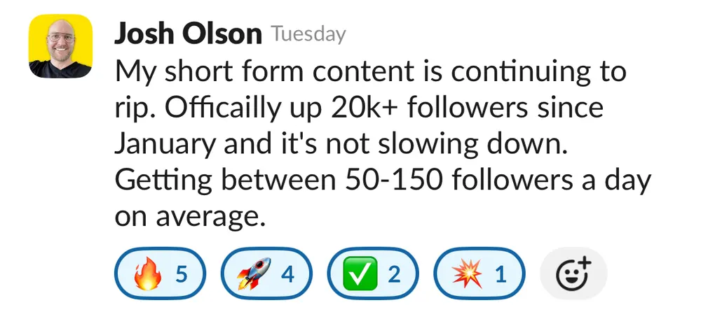 Josh Olson: up 20k+ followers since January, 50-150 a day