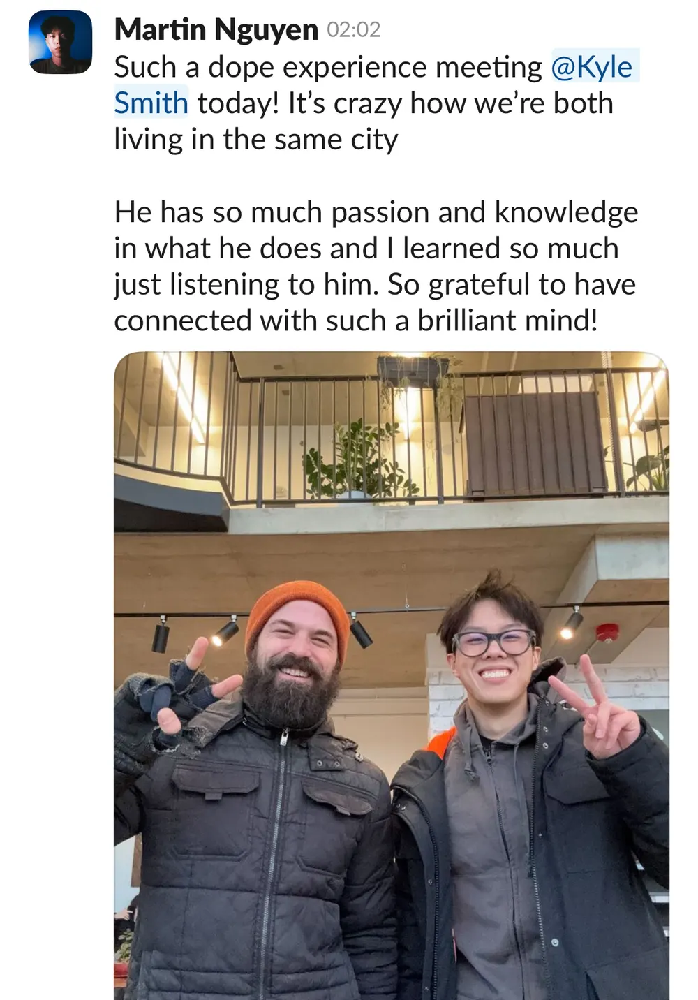 Martin Nguyen: crew meetup with Kyle Smith in the same city