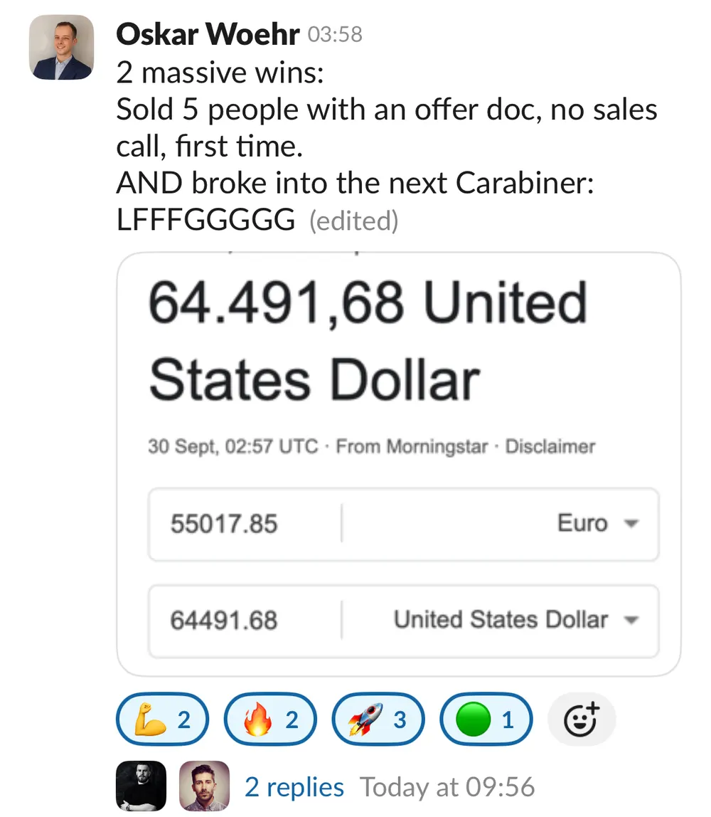 Oskar Woehr: sold 5 people with an offer doc, no sales call, $64,491 collected